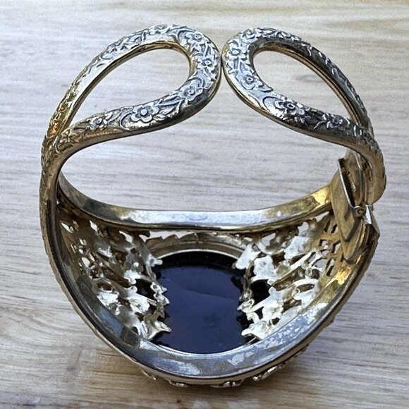 VTG Whiting Davis Hinged Bracelet 6.25 Medallion Floral Glass Gold Plated Rare - Picture 9 of 12
